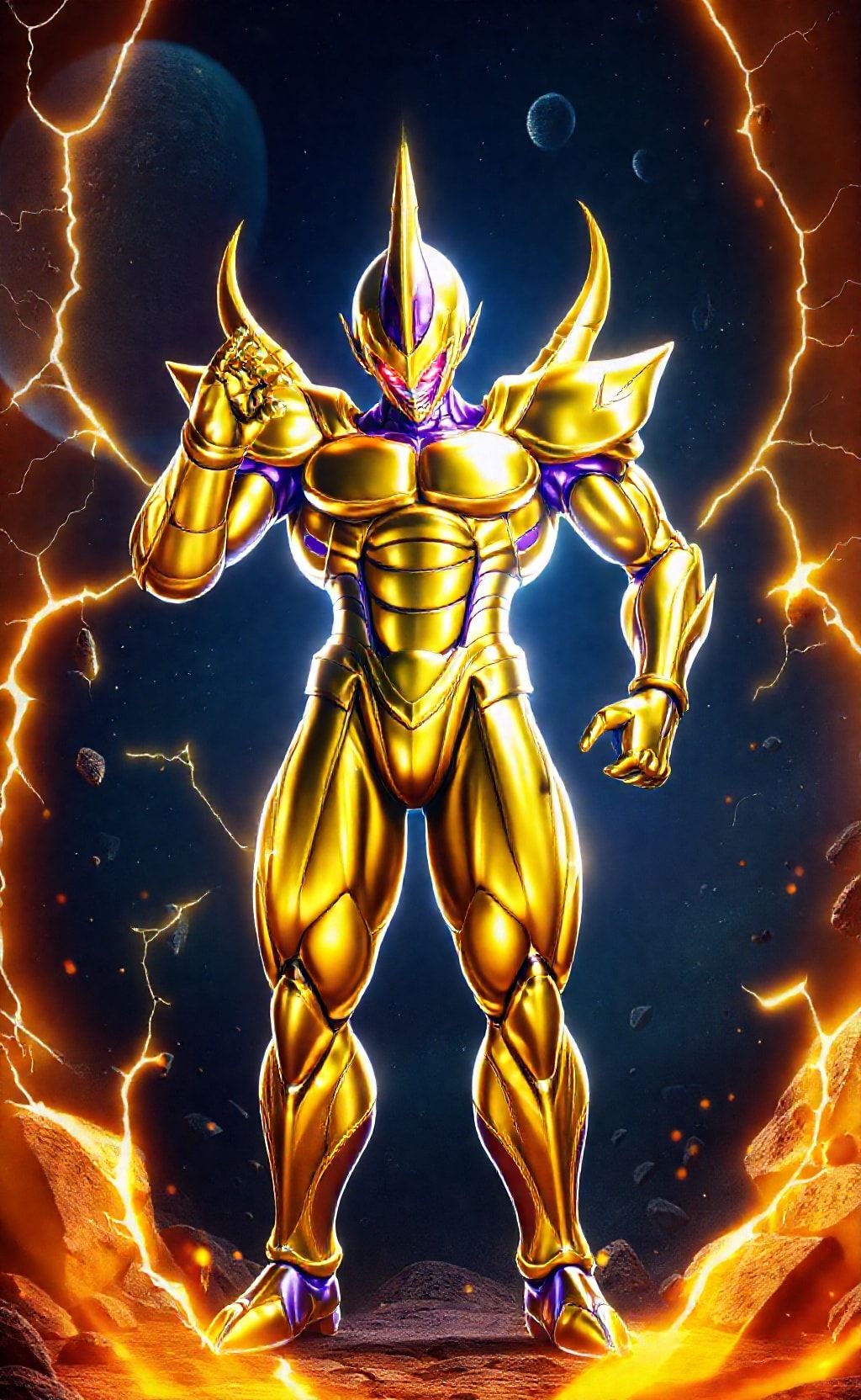 Ultra-realistic Golden Frieza Dragon Ball Super anime wallpaper in powerful standing pose