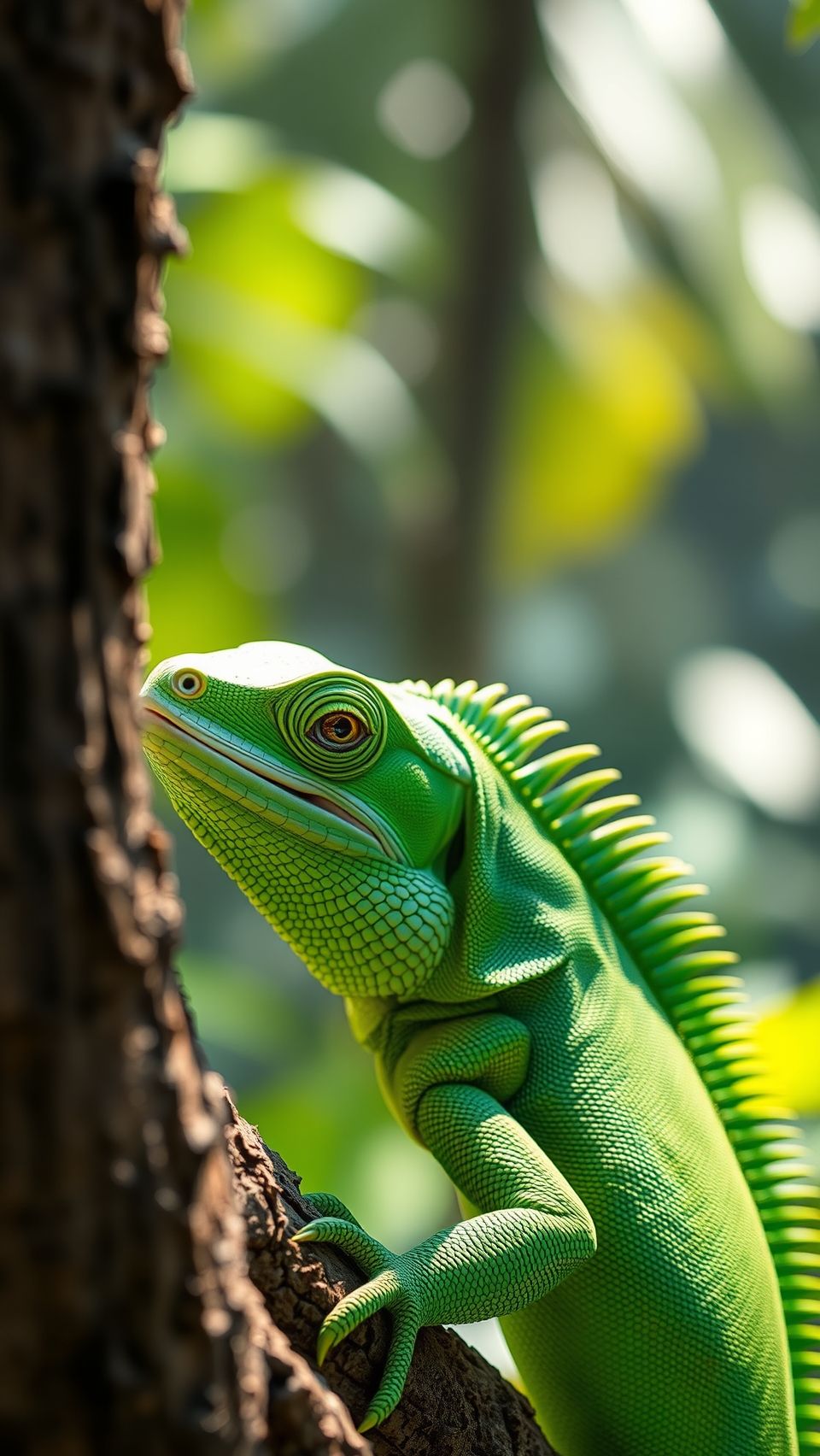 Close-up shot of vibrant green iguana resting on a textured tree branch in sunlight