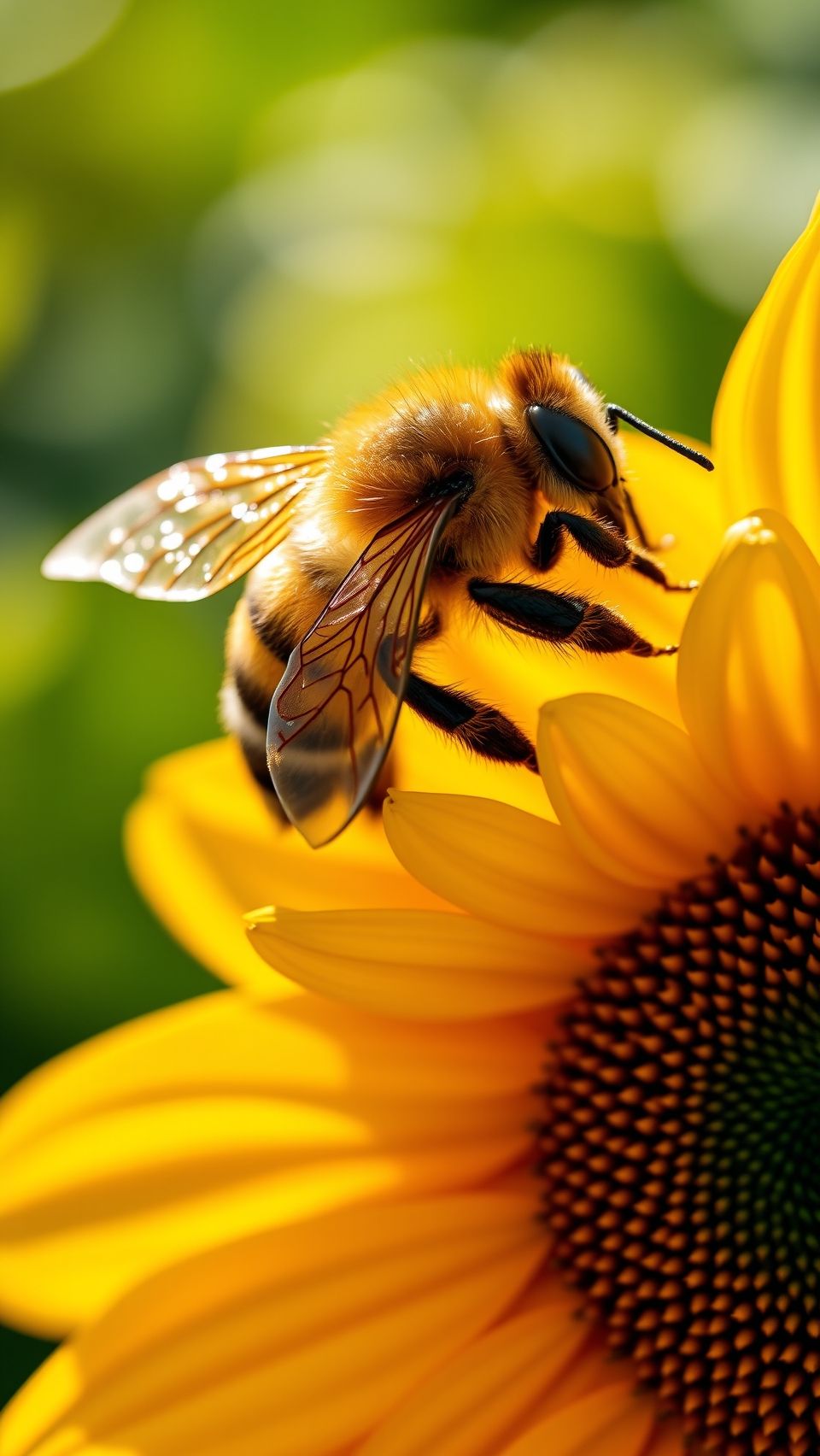 Close-up of a honey bee on sunflower with detailed wings in sunlight