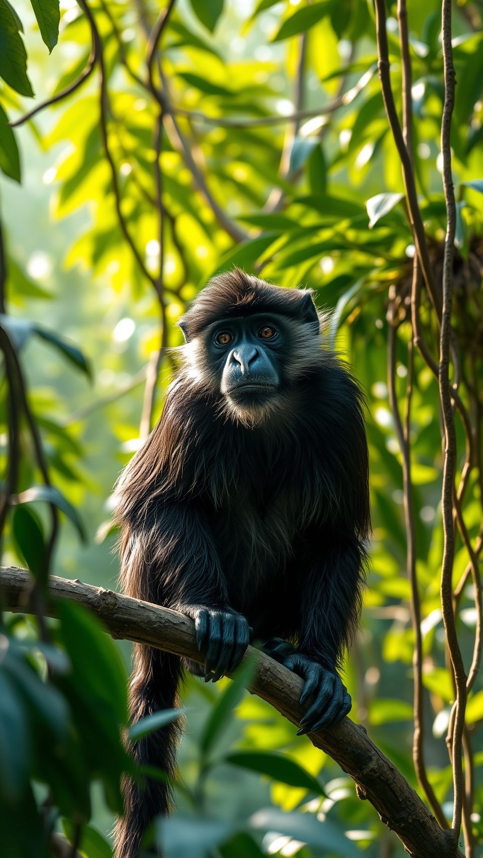 Howler monkey sitting on tree branch in dense green rainforest jungle background