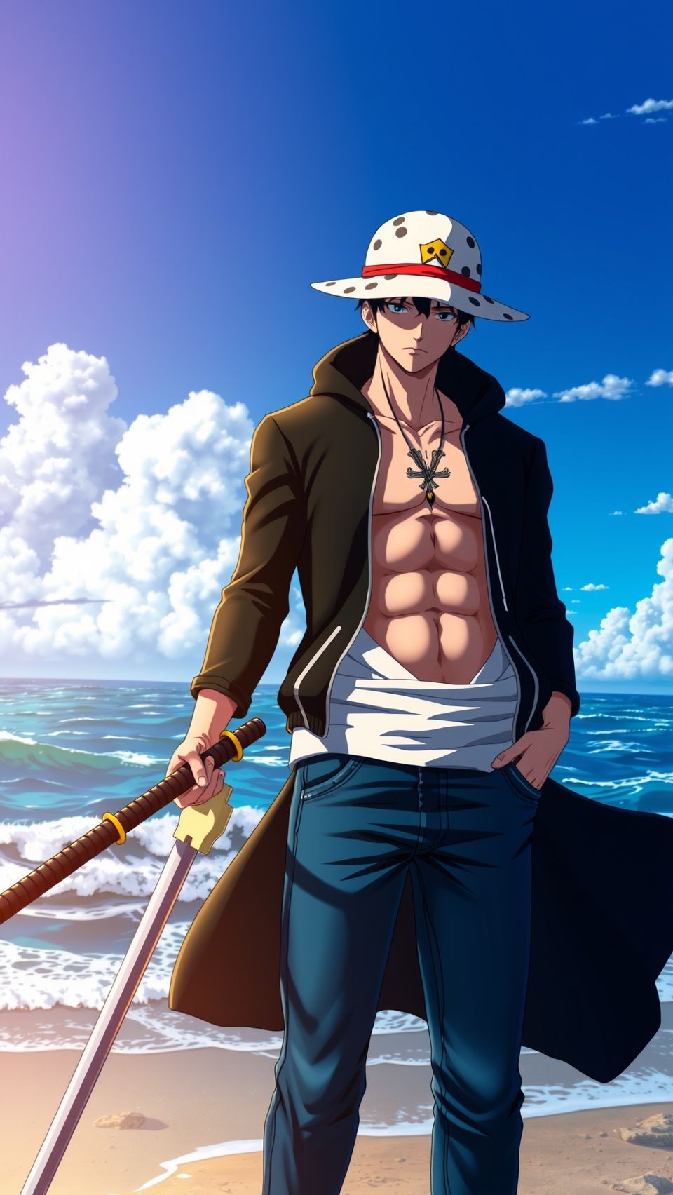 Anime Trafalgar D Water Law One Piece wallpaper standing with sword on ocean beach