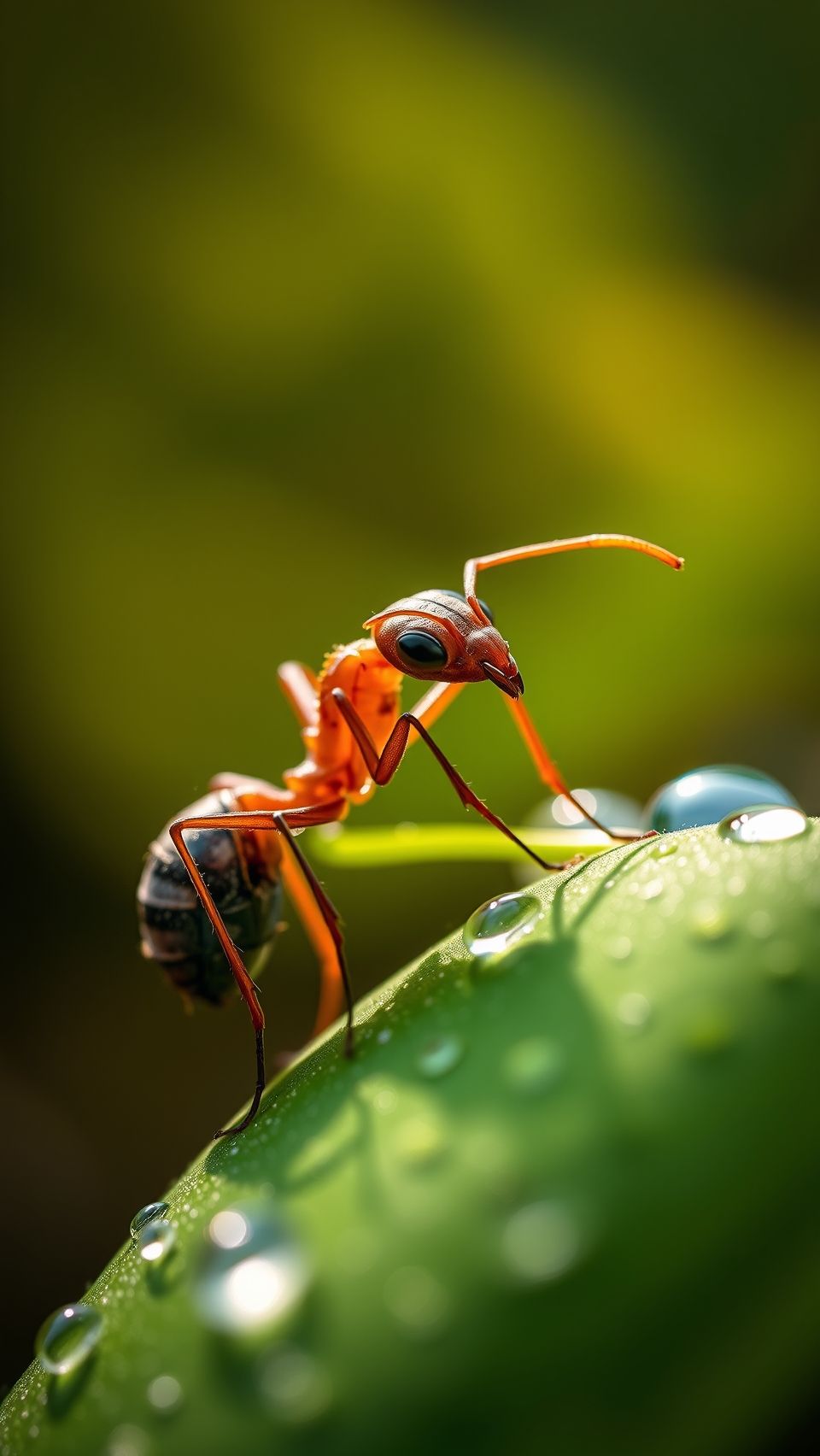 Ultra realistic macro ant wallpaper on green leaf with water dew drops