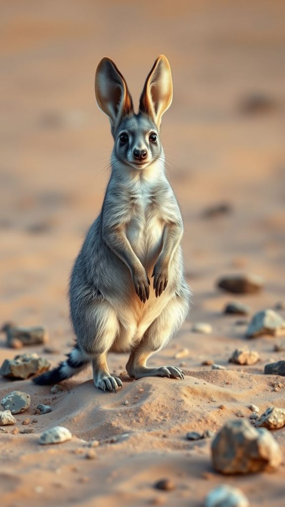 Ultra-realistic Macrotis bilby standing on desert sand with detailed fur and soft lighting