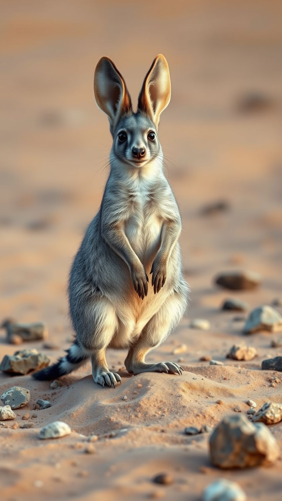Ultra-realistic Macrotis bilby standing on desert sand with detailed fur and soft lighting