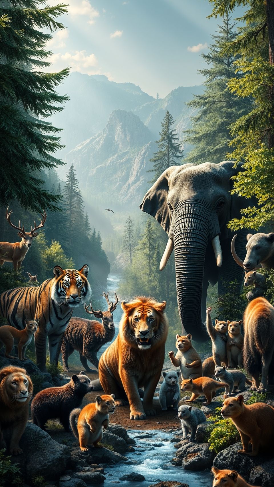Ultra realistic mammals wallpaper with lion tiger elephant and deer in forest landscape