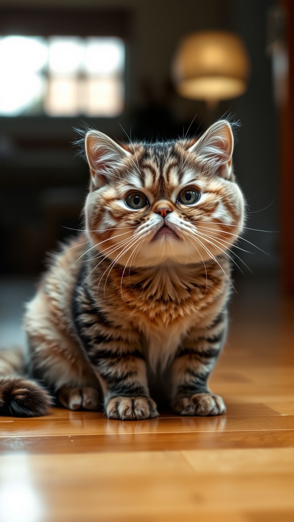Ultra realistic Maru cat wallpaper featuring cute Scottish Fold kitten sitting indoors
