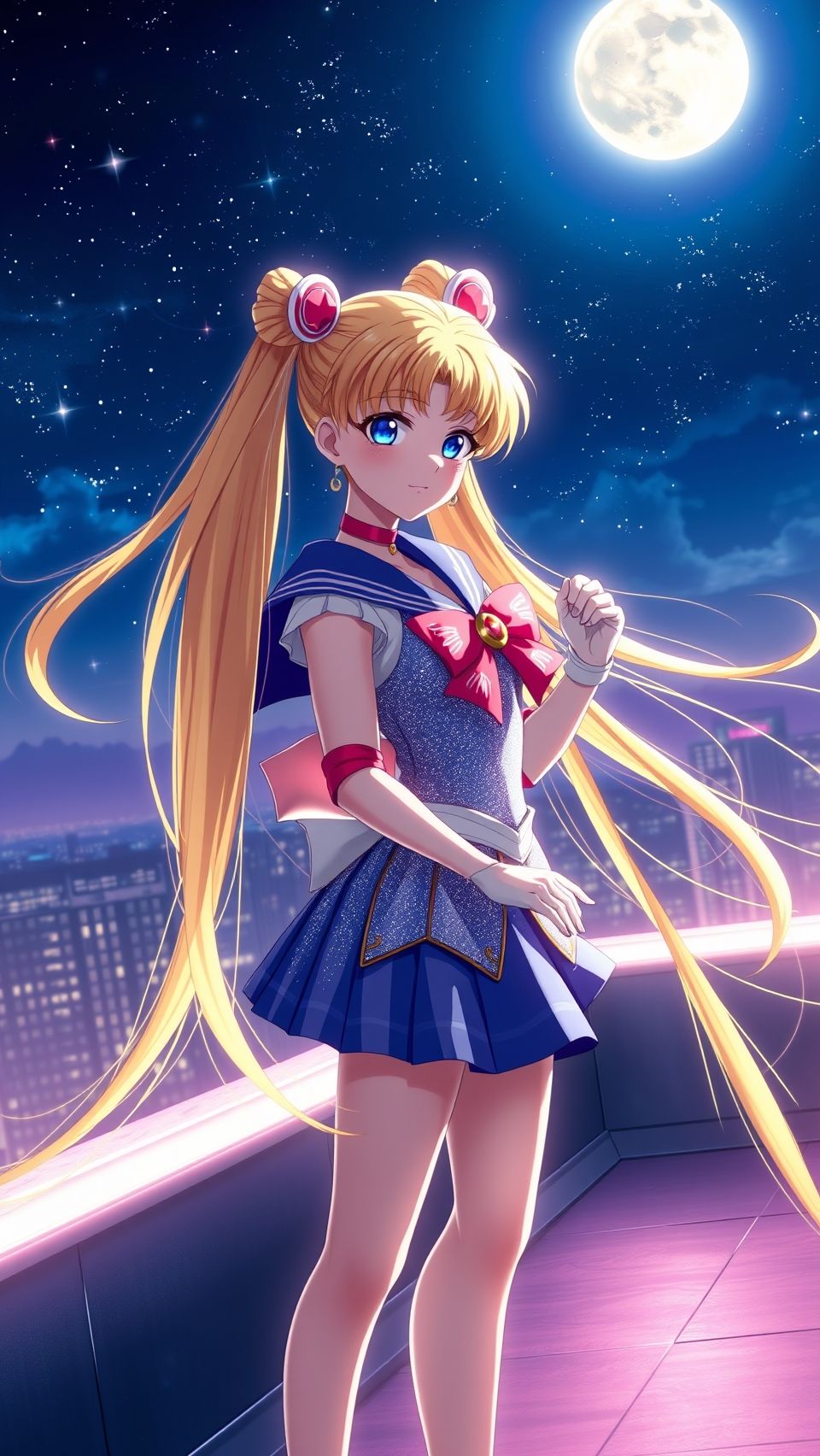 Sailor Moon standing under a full moon on a glowing rooftop at night