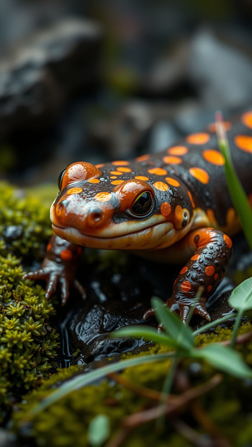 Close-up of orange-spotted salamander in mossy natural habitat with detailed skin texture