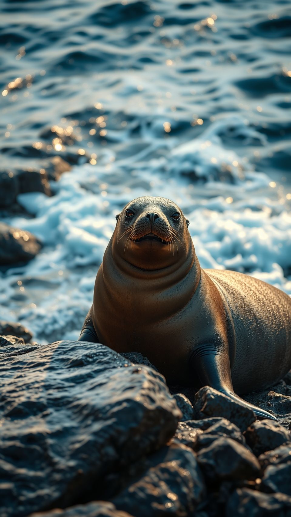 Ultra realistic sea lion resting on rocky seashore with ocean waves in background