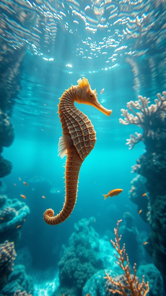 Beautiful seahorse underwater wallpaper with coral reef and vibrant marine life in clear ocean