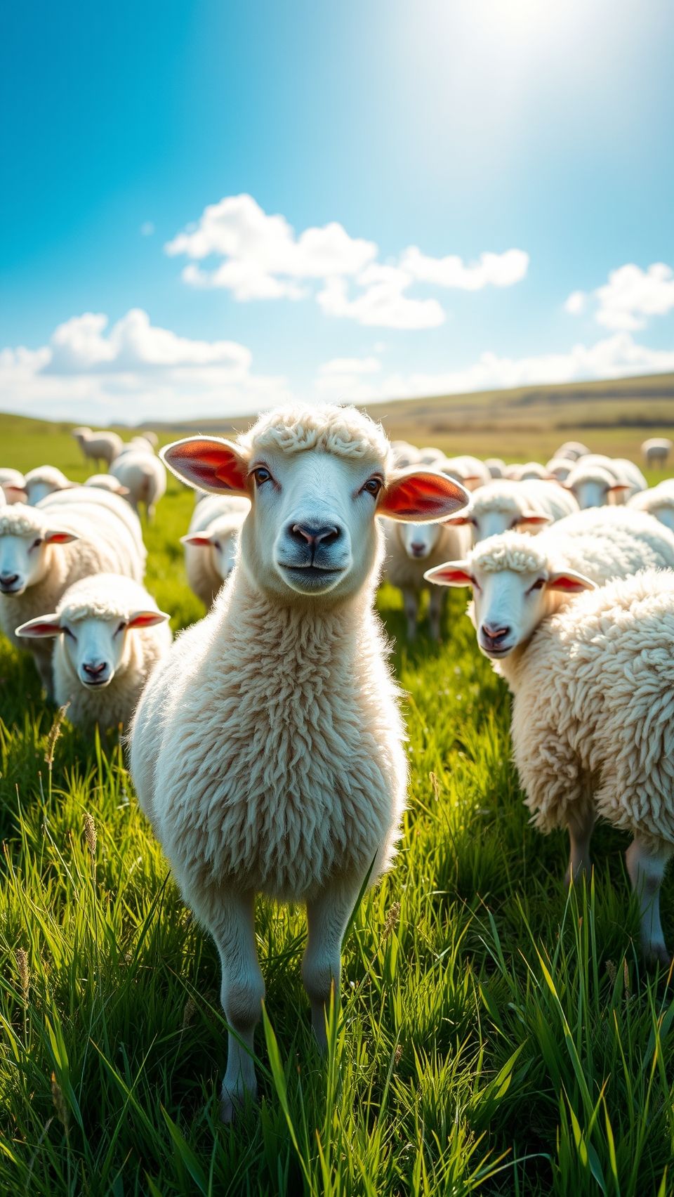 Ultra realistic fluffy white sheep wallpaper grazing in natural green meadow under blue sky