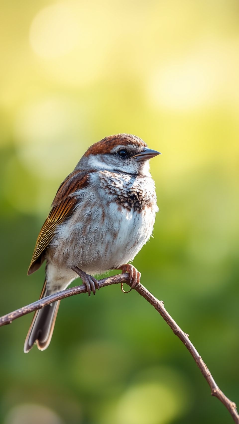 Beautiful close-up sparrow bird wallpaper sitting on thin branch in natural sunlight