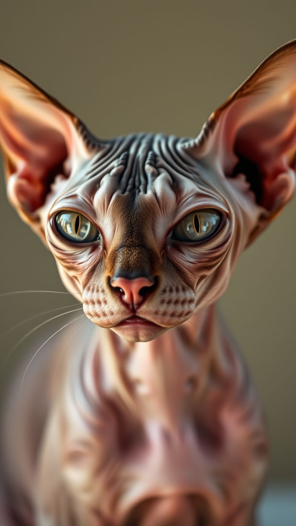 Ultra realistic sphynx cat wallpaper with detailed wrinkles, sharp big ears and mesmerizing eyes