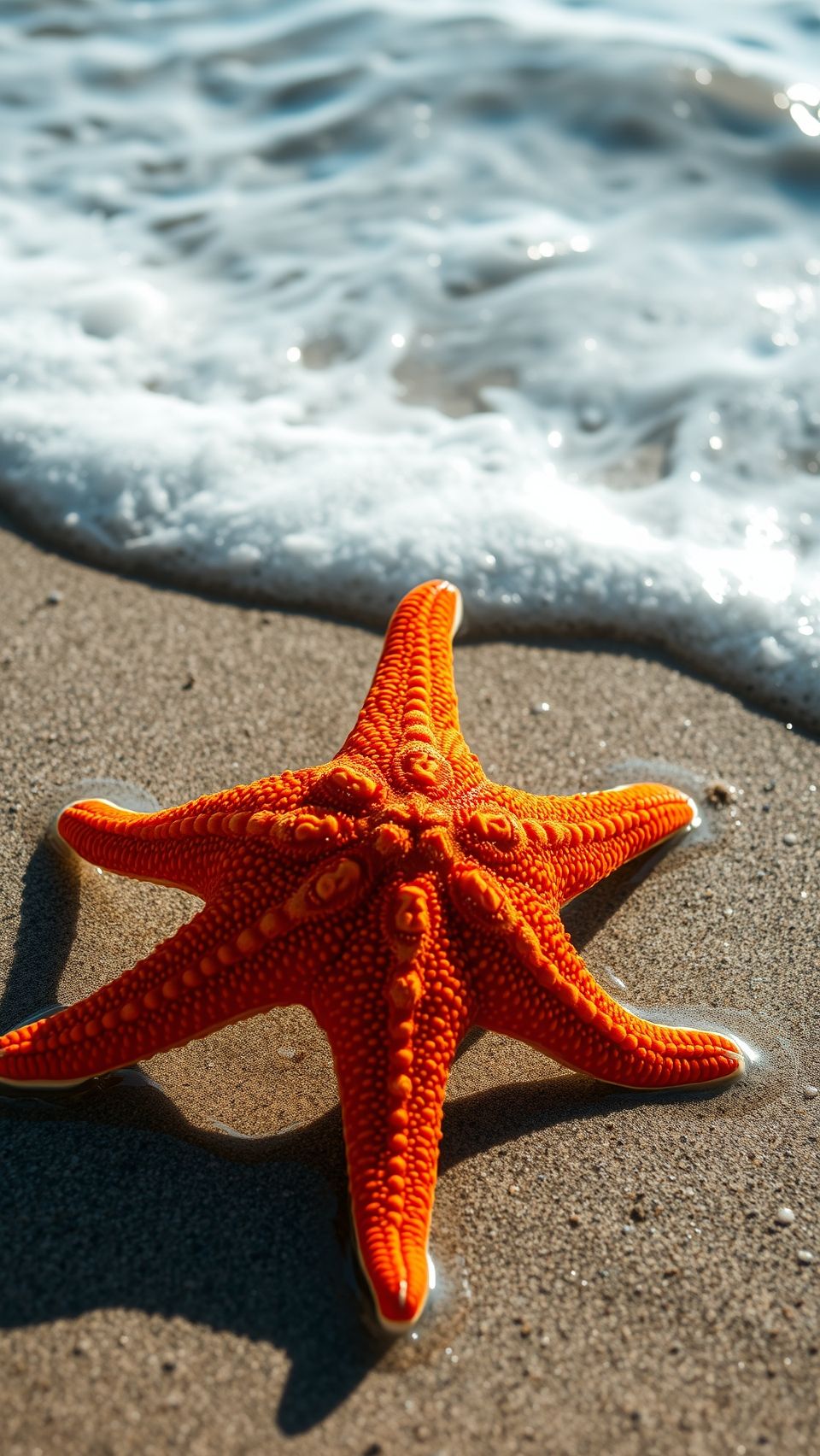 Realistic bright orange starfish close-up on wet sandy beach with ocean waves