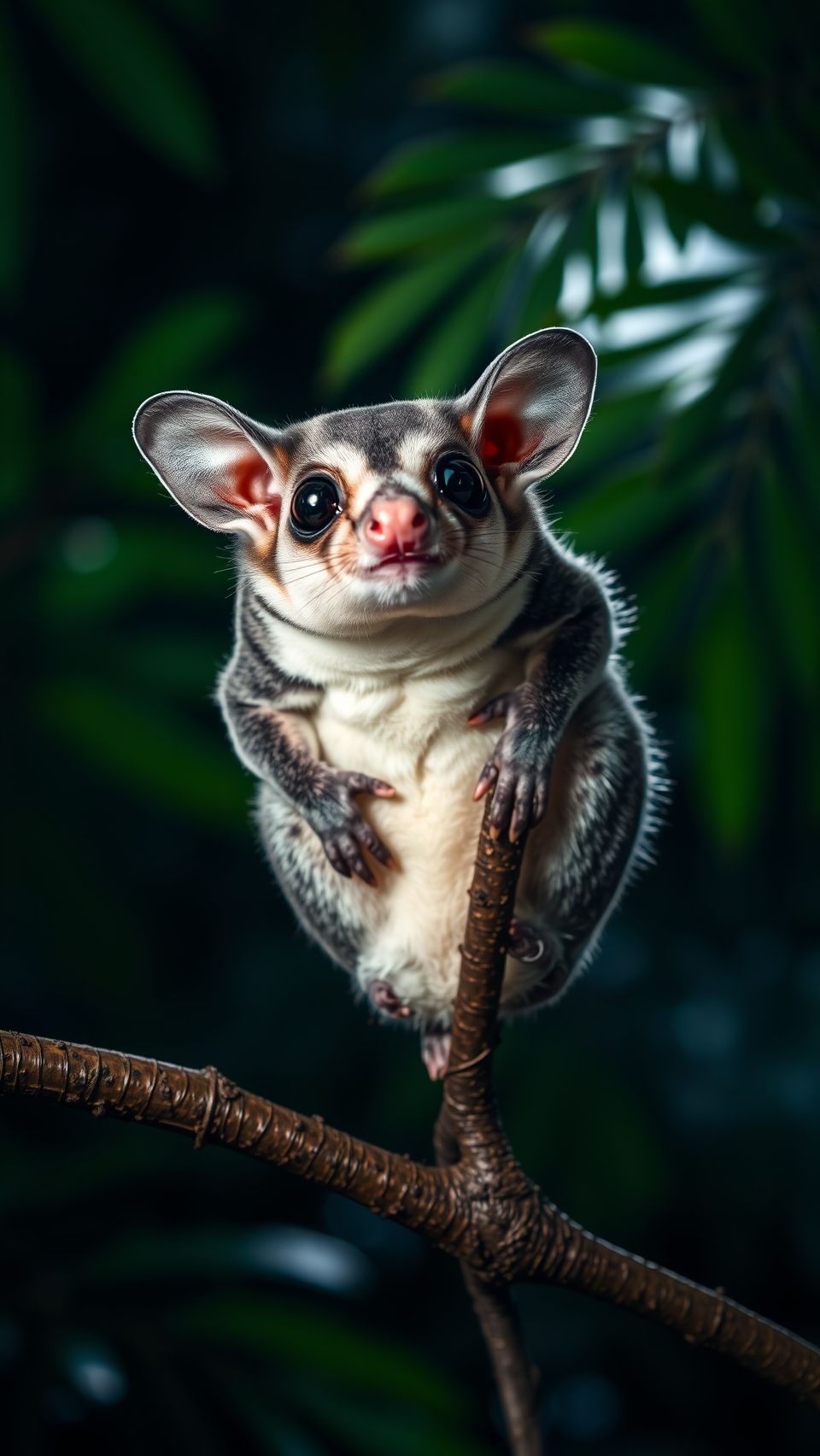 Realistic sugar glider with big eyes perched on tree branch in dark forest