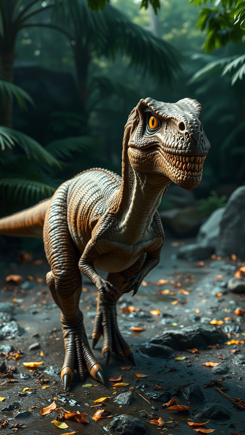 Ultra realistic velociraptor dinosaur wallpaper in prehistoric jungle with cinematic lighting effect