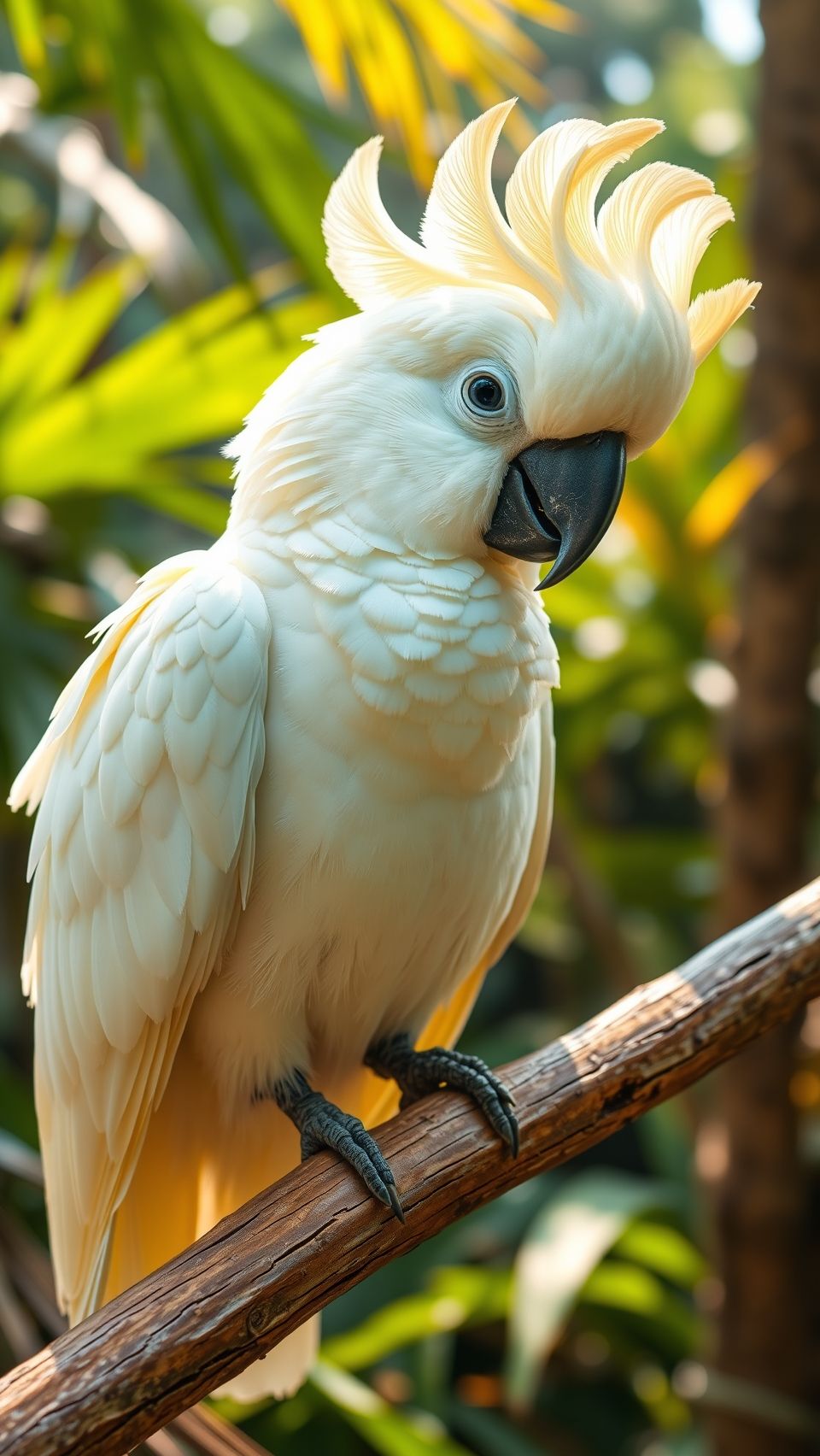 Stunning white cockatoo perched on branch with vibrant feathers in natural background