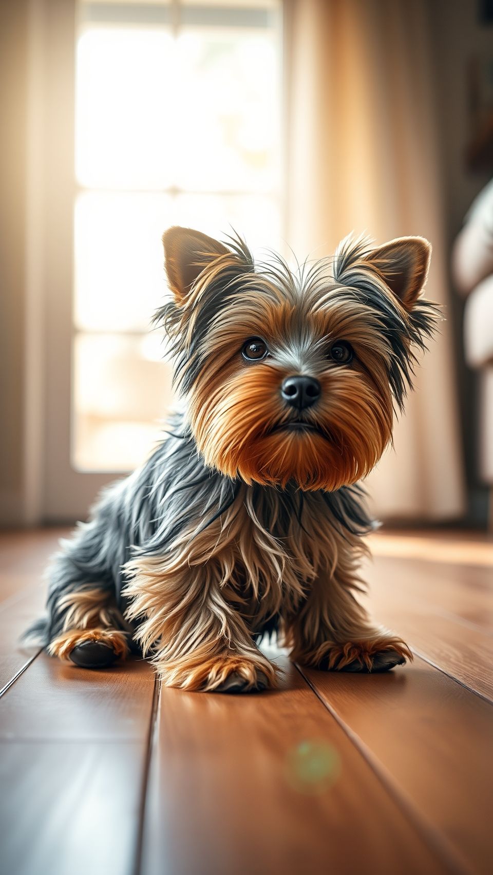 Ultra realistic Yorkshire Terrier puppy wallpaper sitting indoors on wooden floor with sunlight