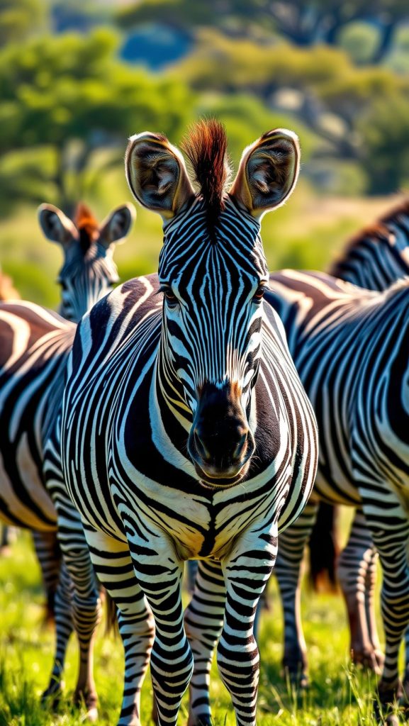 Beautiful zebra wallpaper showing herd of zebras standing in natural African savannah grassland