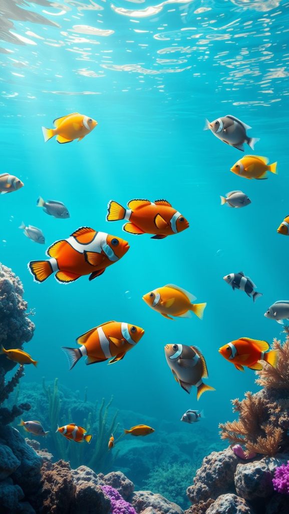 Colorful fish swimming in a vibrant coral reef underwater with clear blue water