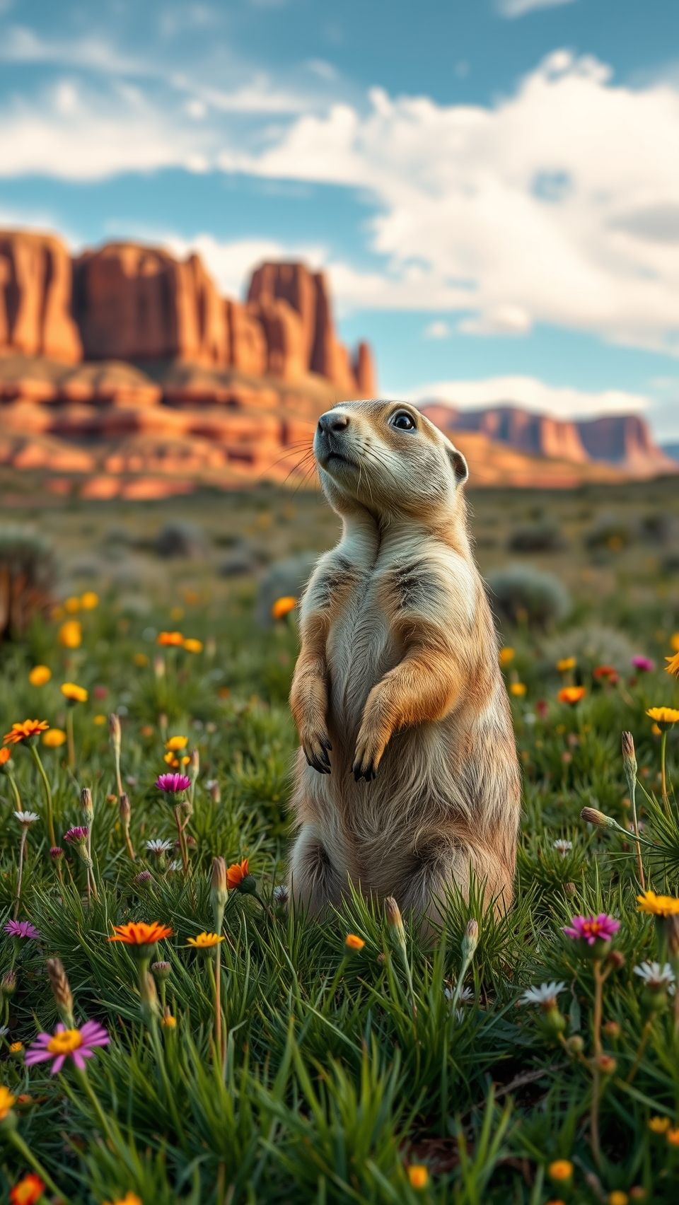 Utah prairie dog standing in wildflower meadow with desert canyon background