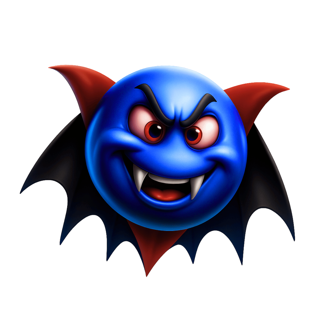 3D vampire emoticon emoji with blue face, sharp fangs, red eyes and dark bat wings