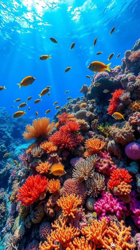 Colorful coral reef wallpaper with tropical fish swimming in clear blue ocean water