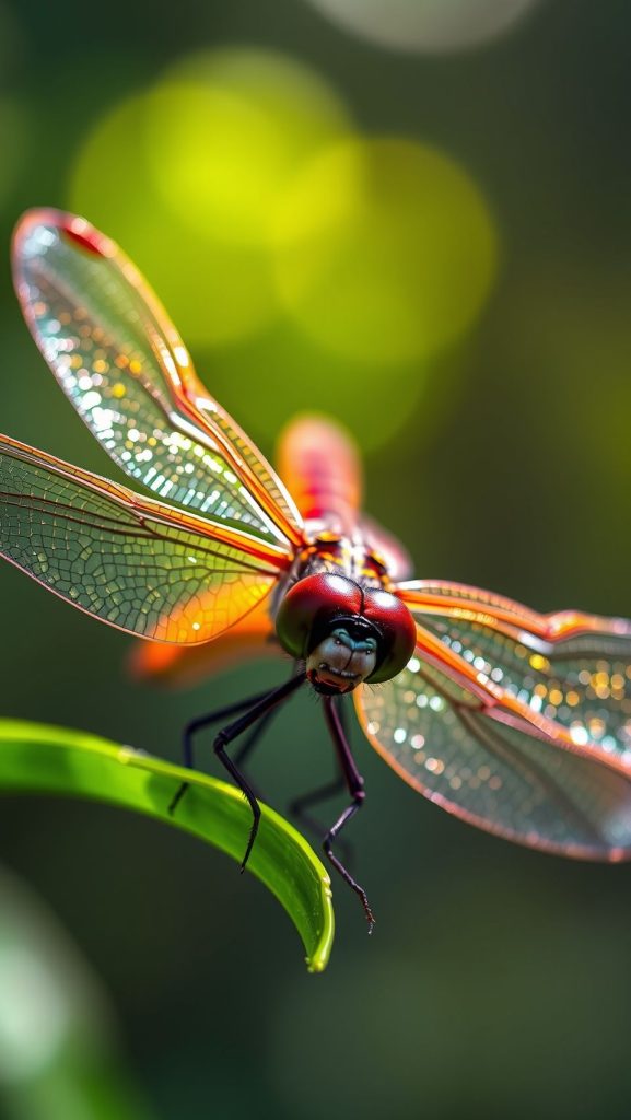 Close-up of a vibrant dragonfly with sparkling wings resting on a green leaf