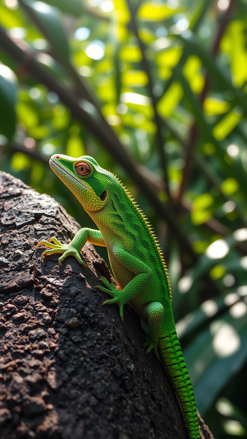 Vibrant green gecko on textured rock with blurred foliage background