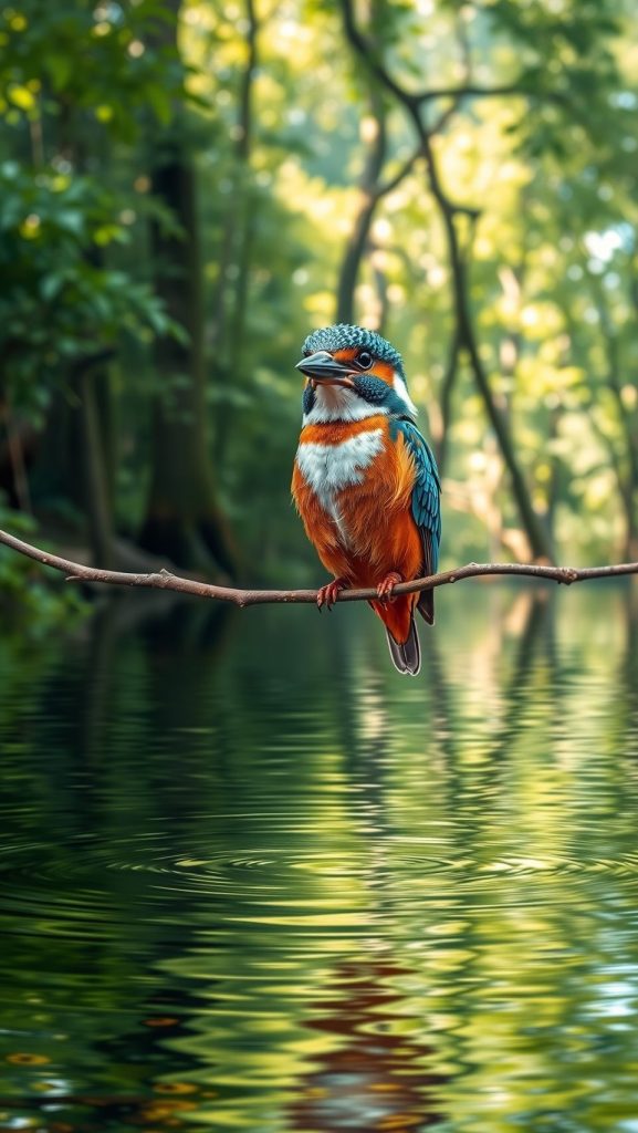 A vibrant kingfisher bird perched on a branch over calm, reflective water in a serene forest