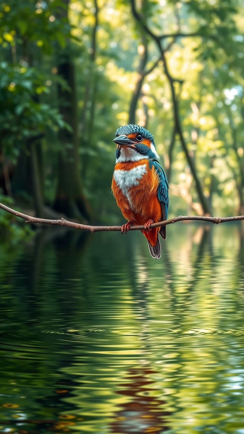 A vibrant kingfisher bird perched on a branch over calm, reflective water in a serene forest