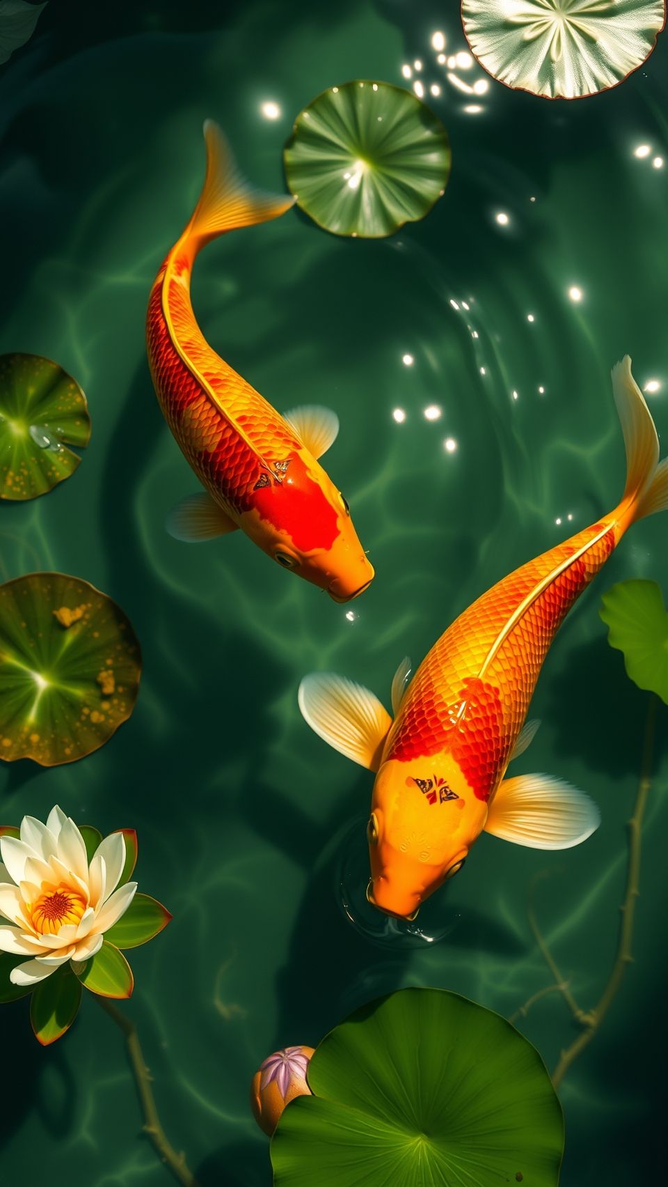 Vibrant koi fish swimming gracefully in clear pond with lotus flowers and lily pads wallpaper