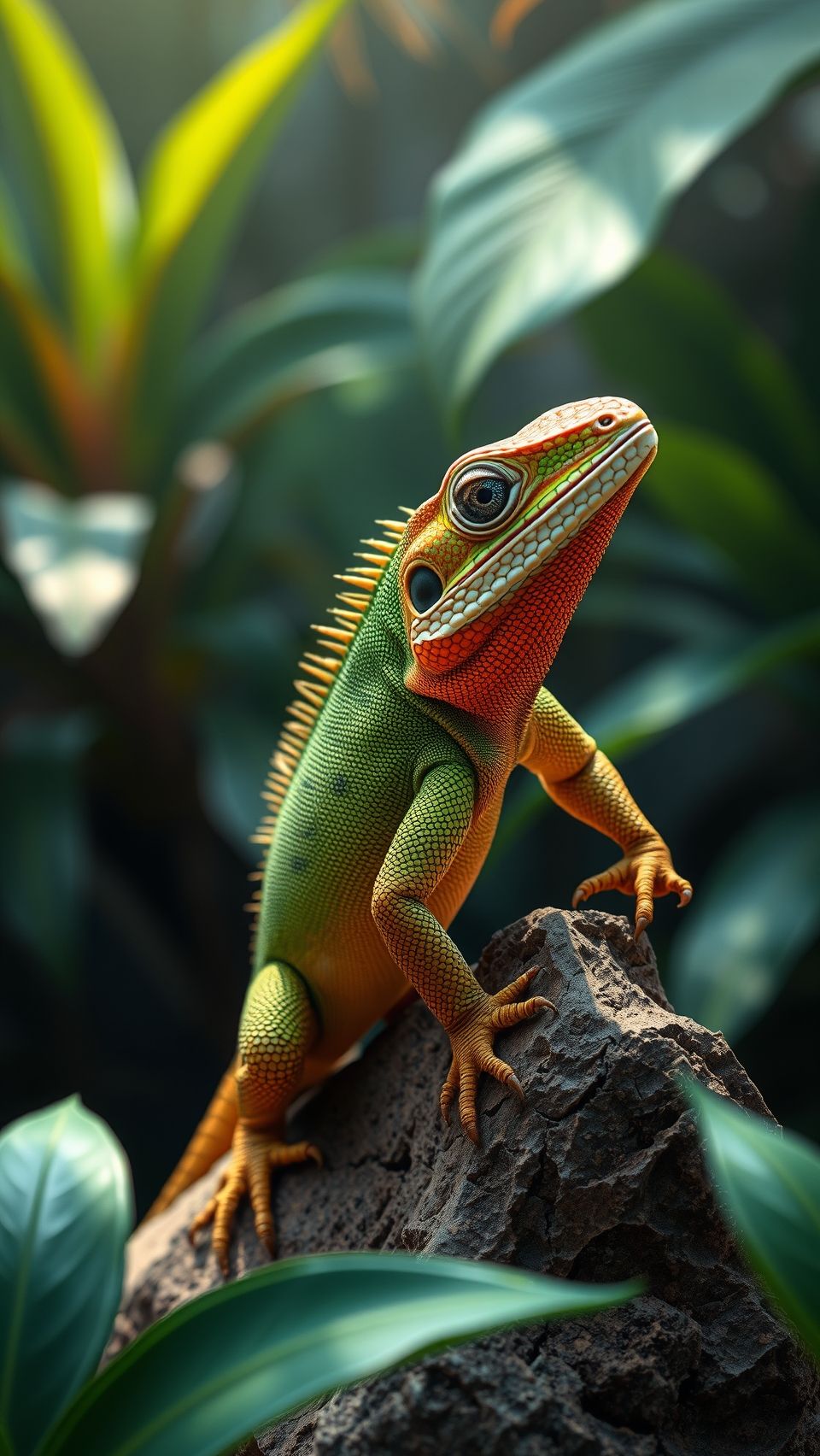 A colorful lizard climbing a rock with vibrant green and orange scales