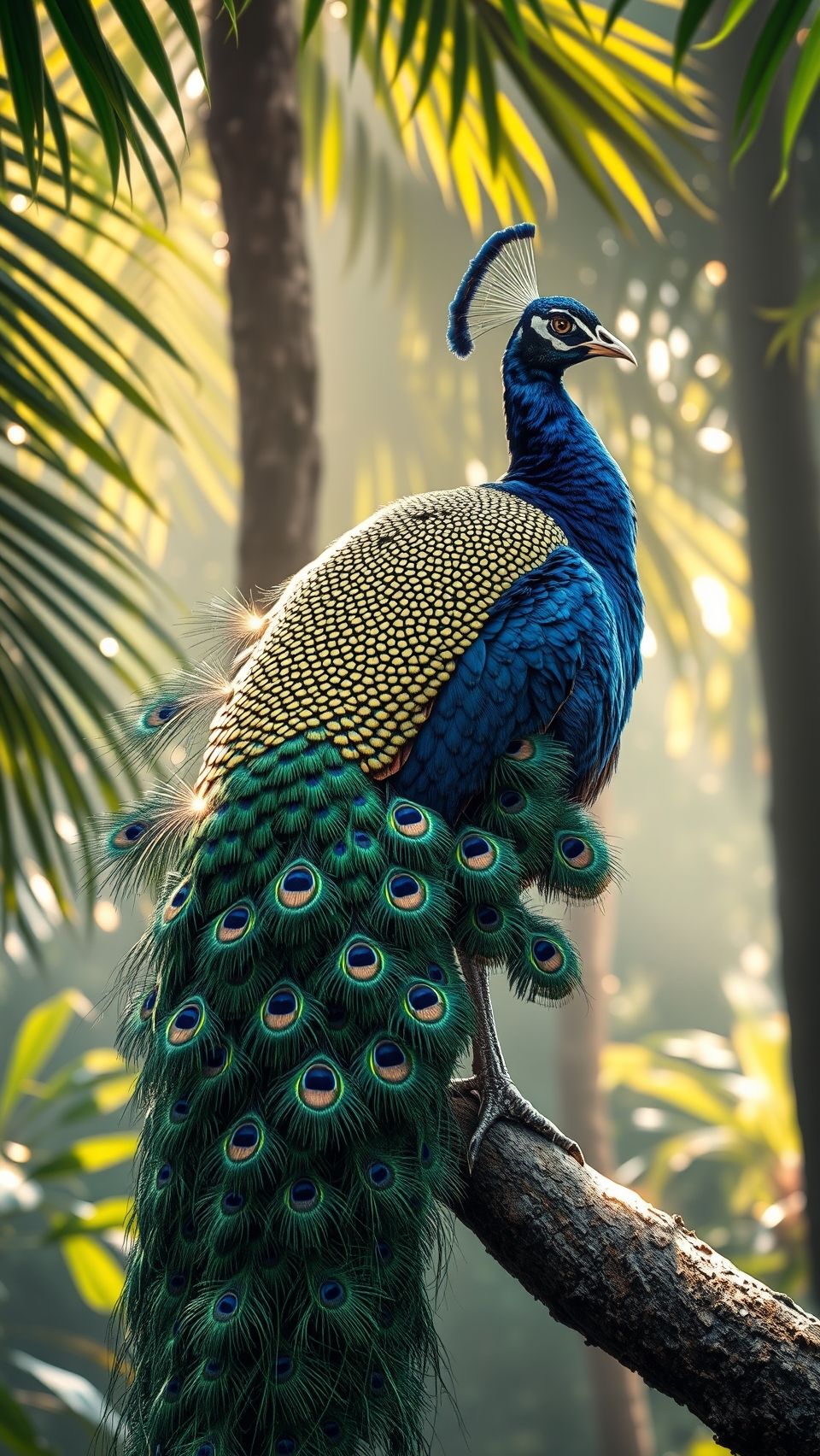 A vibrant peacock perched gracefully on a tree branch with its colorful feathers displayed