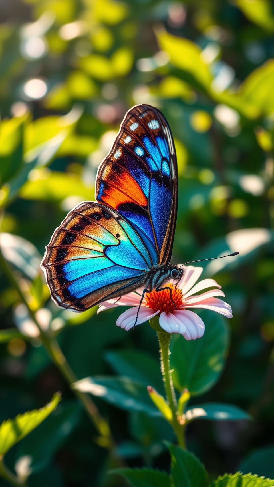 A vibrant butterfly perched on a delicate flower with soft green foliage background.