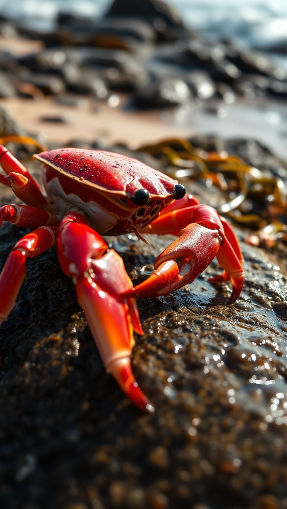 Close-up of vibrant red crab on wet rocky shore near ocean waves