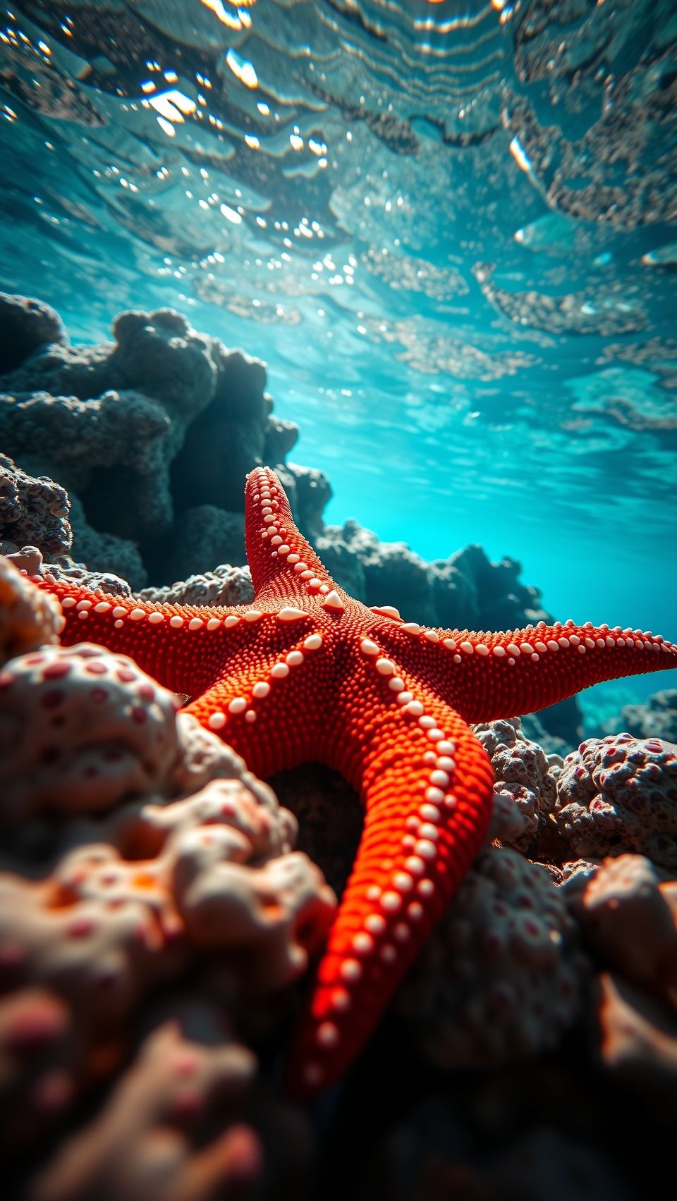 Bright orange sea star resting on coral reef in crystal clear ocean water