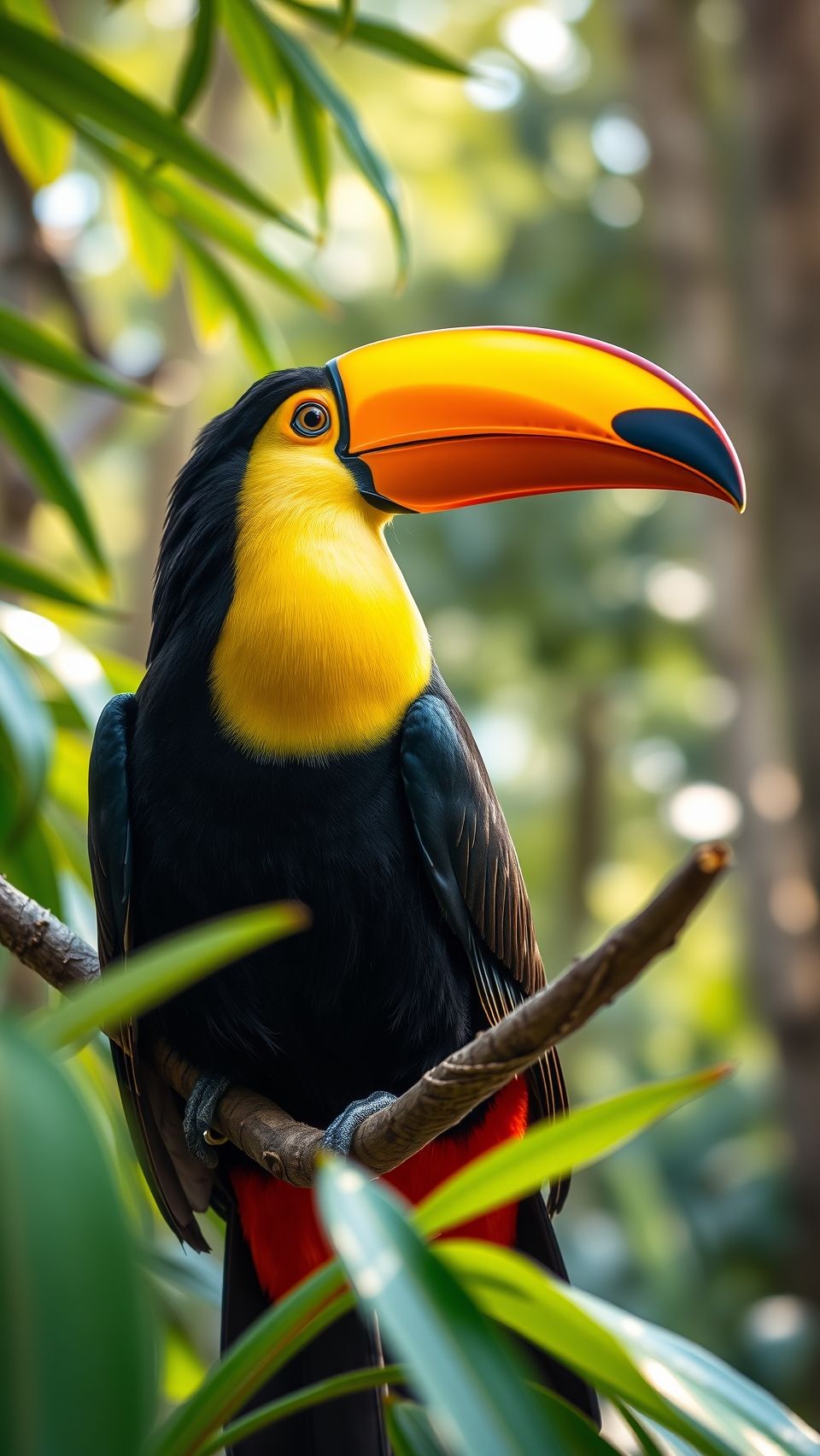 Colorful toucan bird with bright beak sitting on tropical branch in rainforest