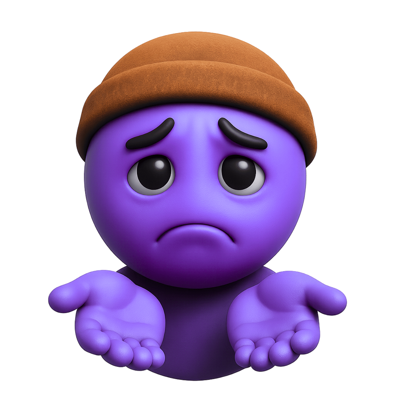 Violet sad beggar emoji with brown hat showing empty hands and helpless facial expression
