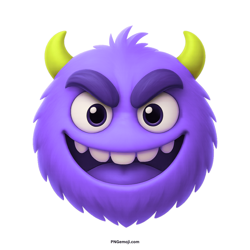 Violet furry enemy monster emoji with yellow horns, dark eyebrows, and mischievous wide smiling face