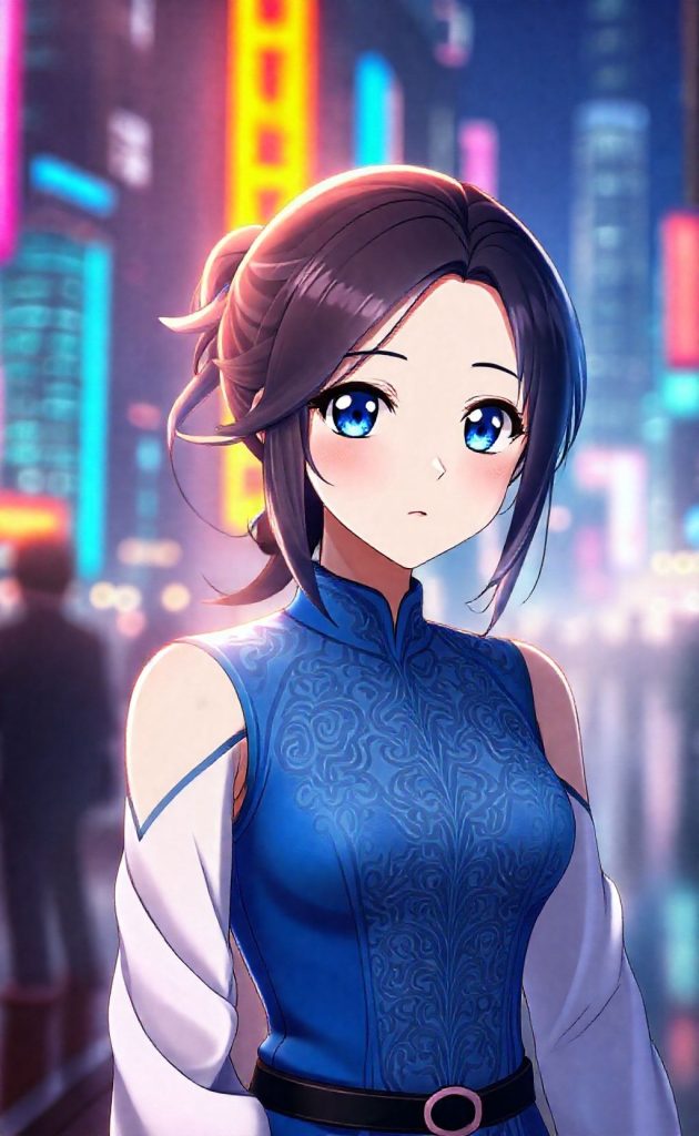 Vivy character in traditional blue attire with bright city lights background, anime style.