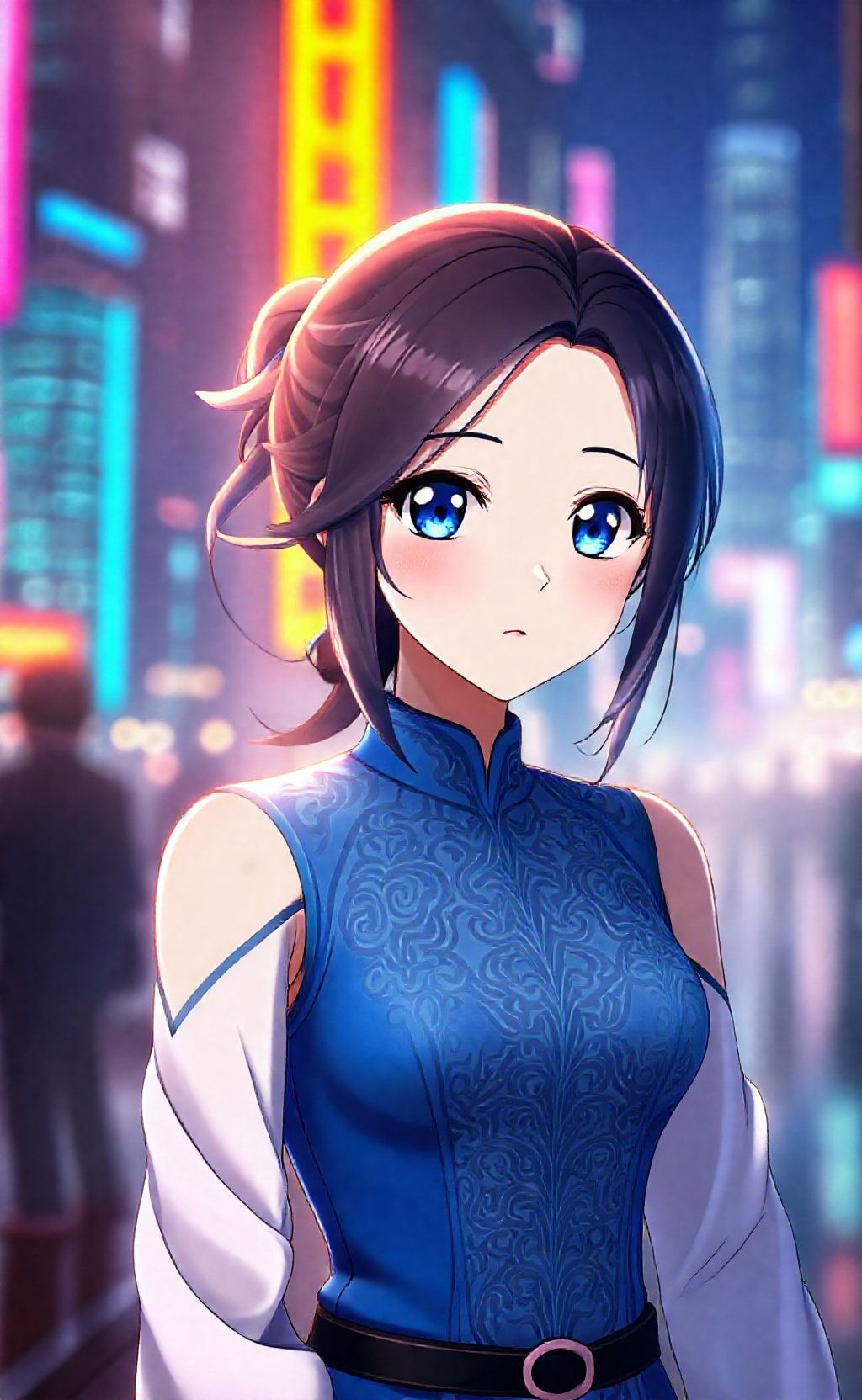 Vivy character in traditional blue attire with bright city lights background, anime style.