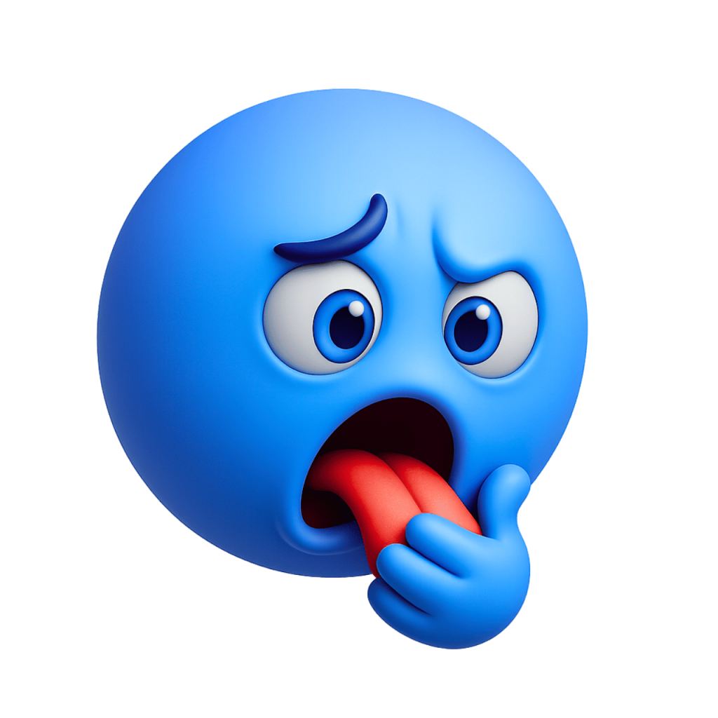 3D blue emoji face looking sick with tongue out showing want to vomit expression