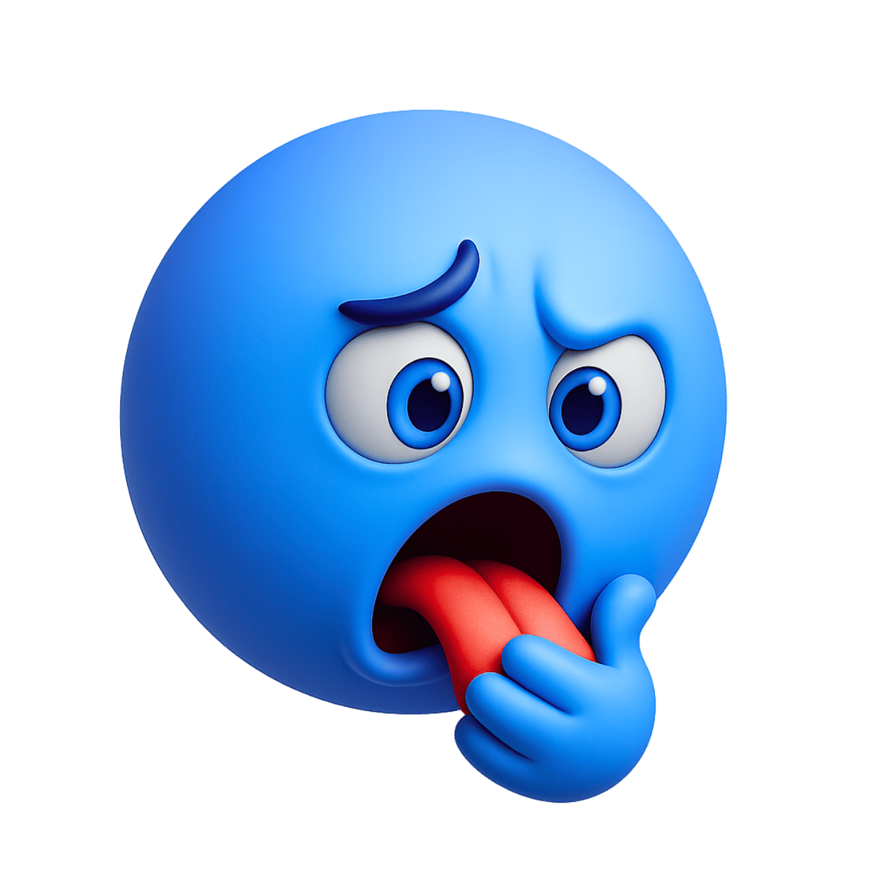 3D blue emoji face looking sick with tongue out showing want to vomit expression