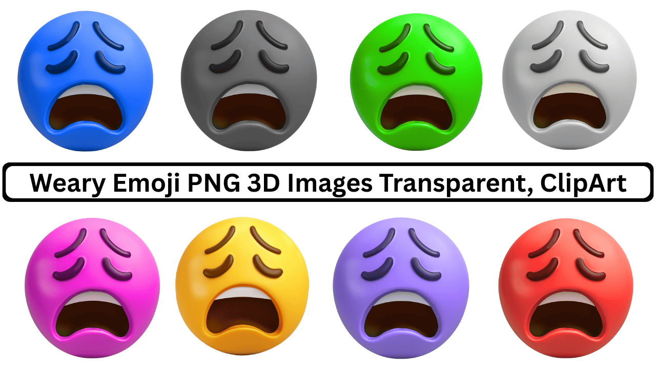Colorful weary emoji PNG 3D faces showing exhaustion, stress, sadness, and tired expressions