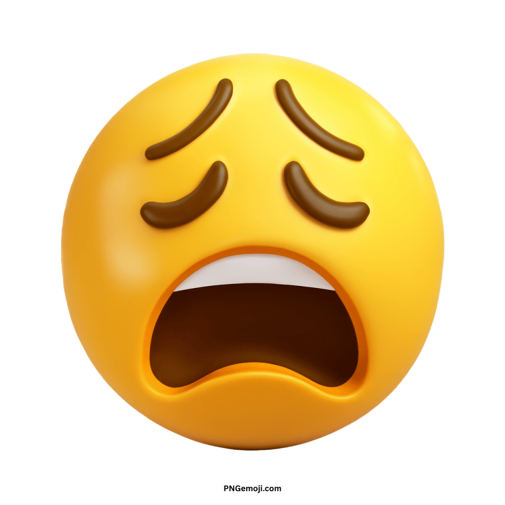 Yellow weary emoji tired sad face with stressed eyebrows and open mouth expression