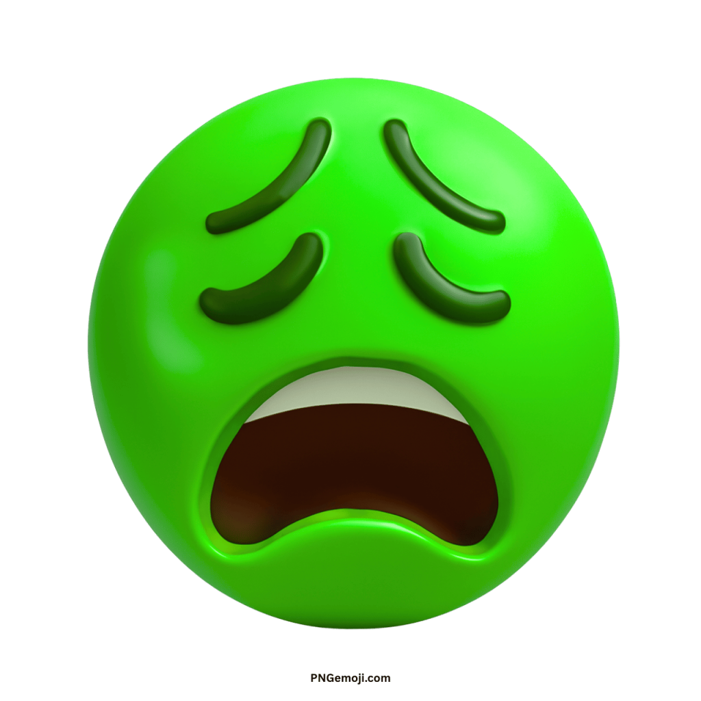 Green weary emoji face showing exhaustion, stress, sickness, and overwhelming tired expression