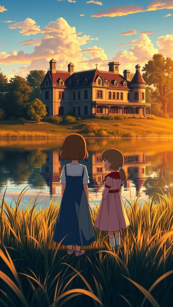 When Marnie Was There anime wallpaper showing Anna and Marnie by lake mansion sunset
