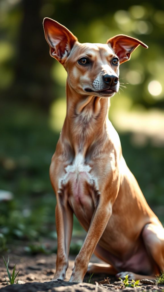 Graceful whippet dog sitting outdoors in natural sunlight with elegant and sleek posture