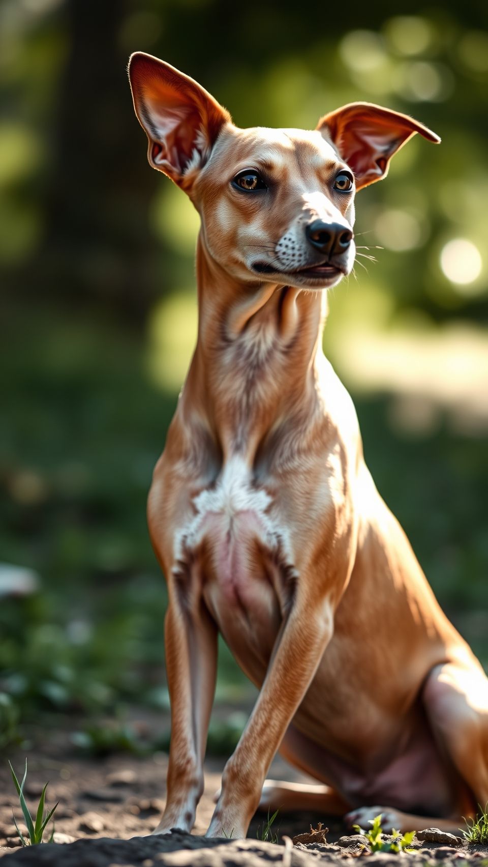 Graceful whippet dog sitting outdoors in natural sunlight with elegant and sleek posture